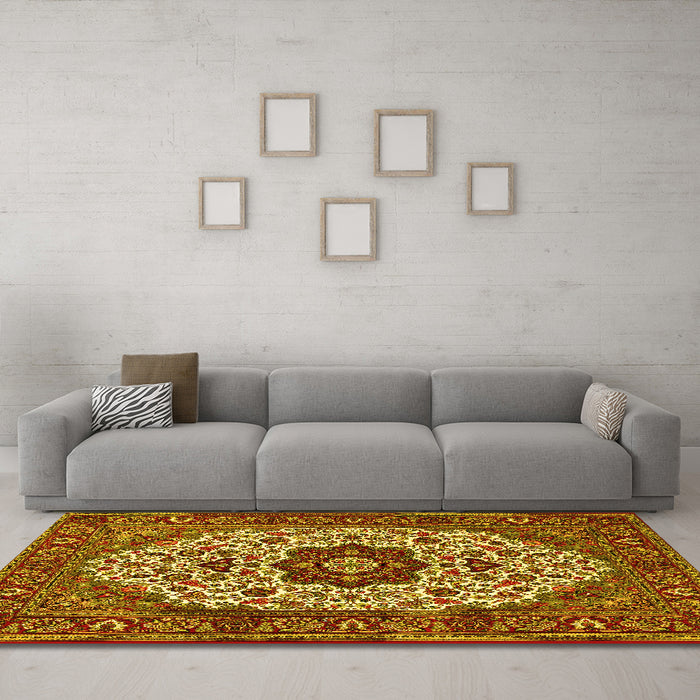 Machine Washable Medallion Yellow Traditional Rug in a Living Room, wshtr1667yw