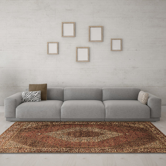 Machine Washable Medallion Brown Traditional Rug in a Living Room,, wshtr1669brn
