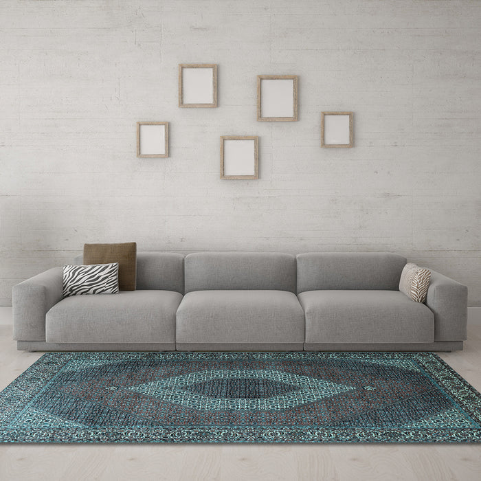 Machine Washable Medallion Light Blue Traditional Rug in a Living Room, wshtr1669lblu
