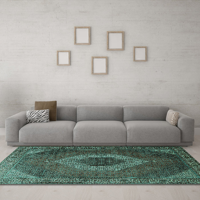 Machine Washable Medallion Turquoise Traditional Area Rugs in a Living Room,, wshtr1669turq