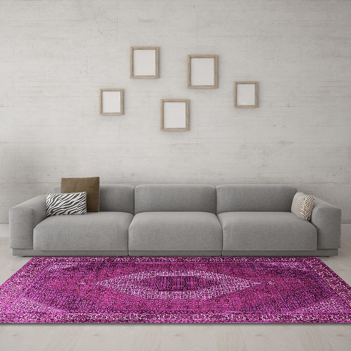 Machine Washable Medallion Pink Traditional Rug in a Living Room, wshtr1669pnk