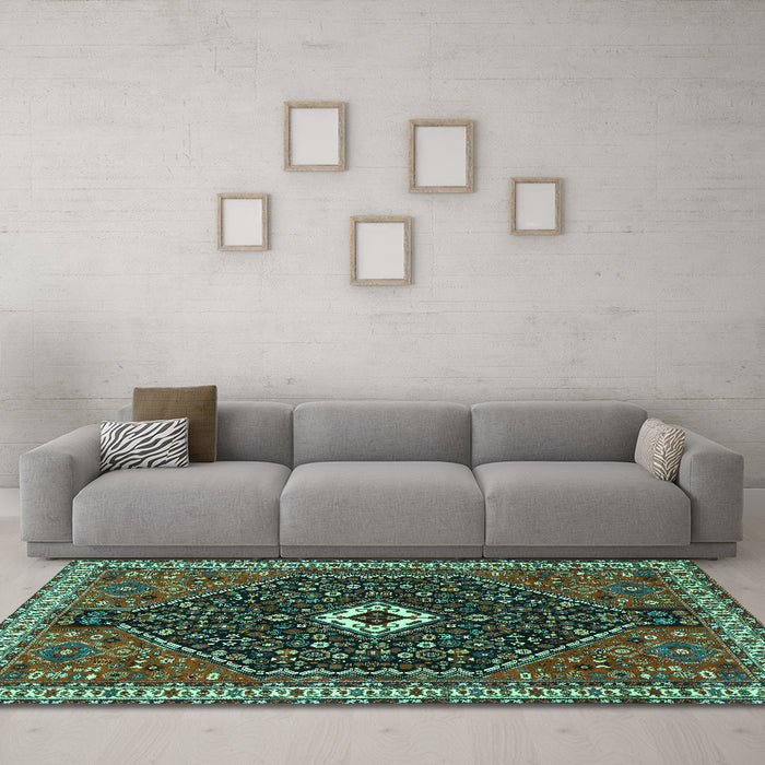 Machine Washable Persian Turquoise Traditional Area Rugs in a Living Room,, wshtr1670turq