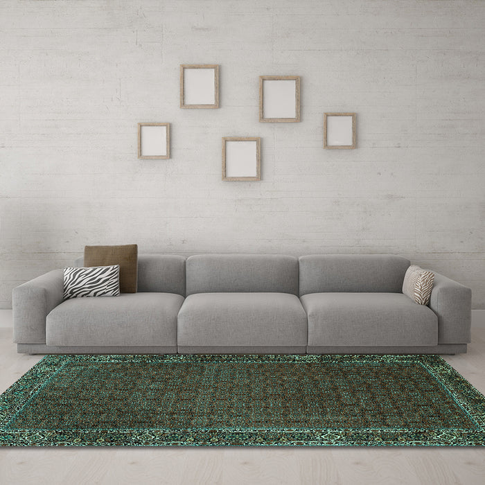 Machine Washable Persian Turquoise Traditional Area Rugs in a Living Room,, wshtr1671turq