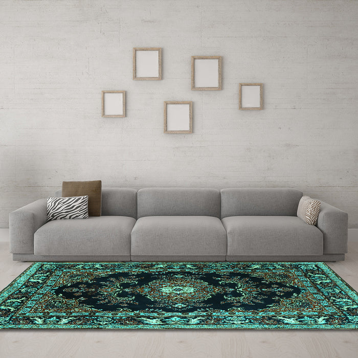 Machine Washable Persian Turquoise Traditional Area Rugs in a Living Room,, wshtr1672turq