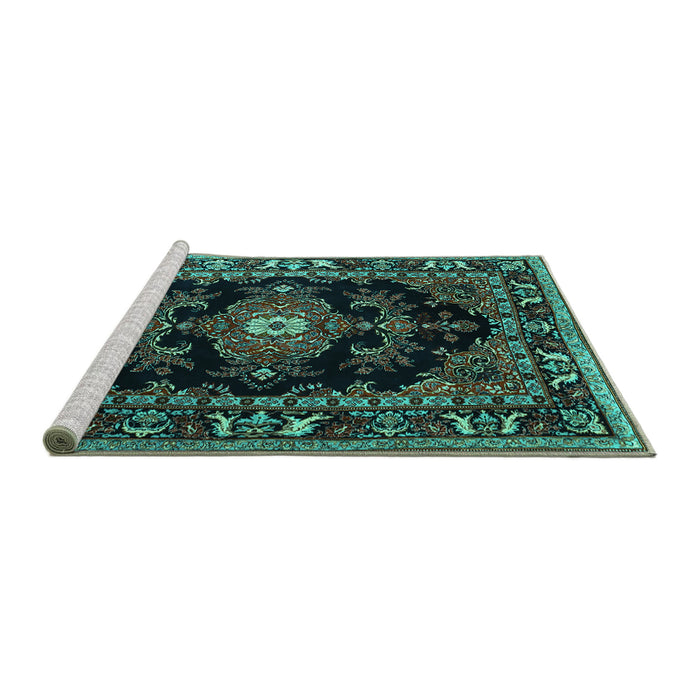 Sideview of Machine Washable Persian Turquoise Traditional Area Rugs, wshtr1672turq
