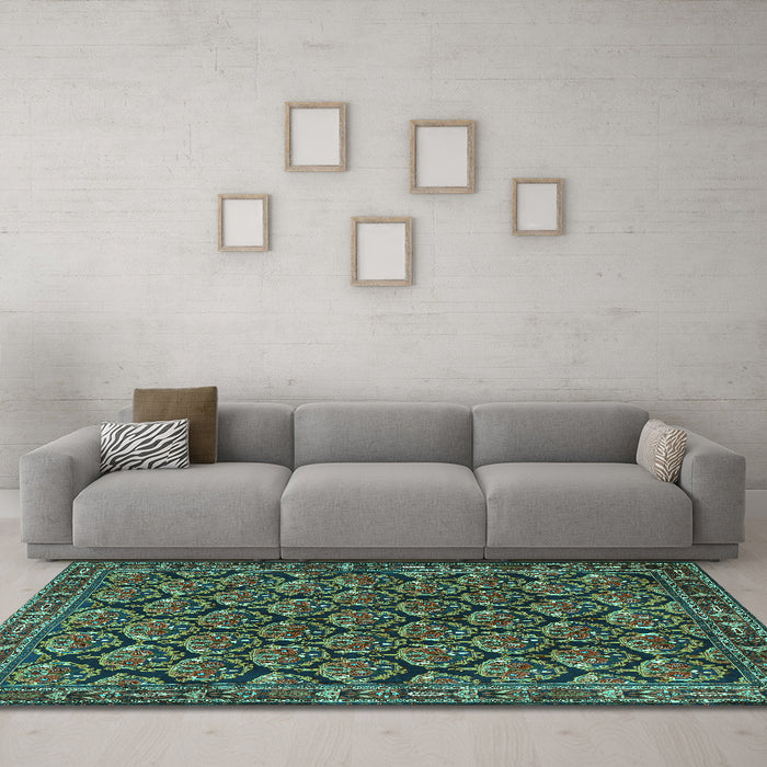 Machine Washable Persian Turquoise Traditional Area Rugs in a Living Room,, wshtr1673turq