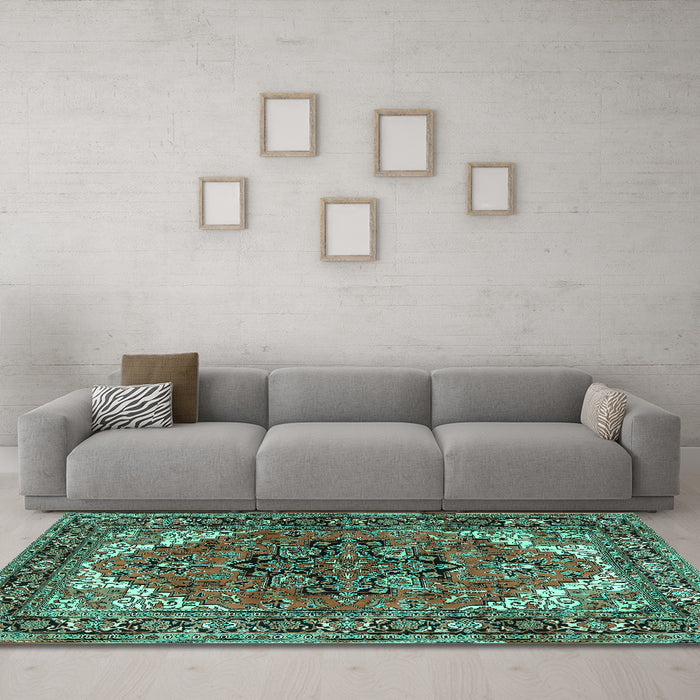 Machine Washable Persian Turquoise Traditional Area Rugs in a Living Room,, wshtr1674turq