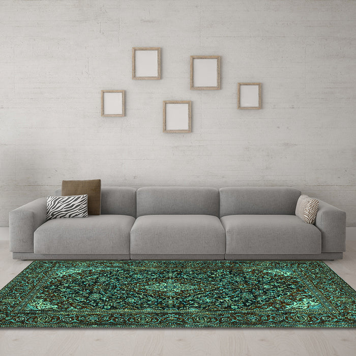 Machine Washable Persian Turquoise Traditional Area Rugs in a Living Room,, wshtr1675turq