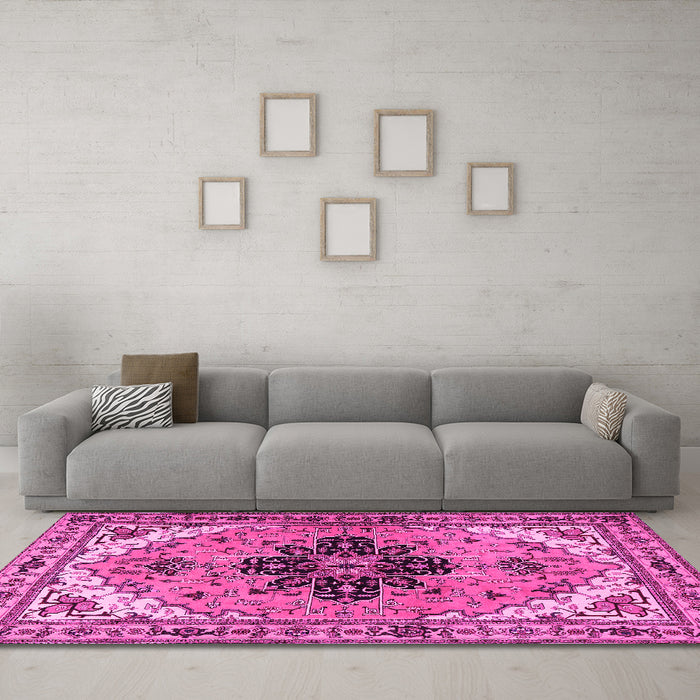 Machine Washable Persian Pink Traditional Rug in a Living Room, wshtr1676pnk
