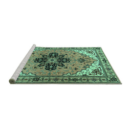 Sideview of Machine Washable Persian Turquoise Traditional Area Rugs, wshtr1676turq