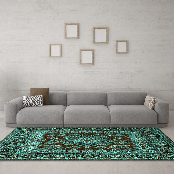 Machine Washable Persian Turquoise Traditional Area Rugs in a Living Room,, wshtr1677turq