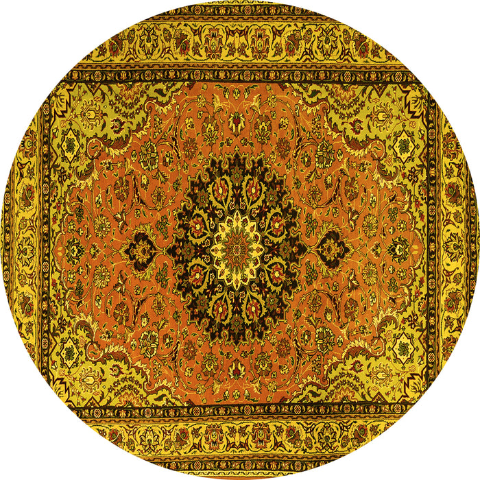 Round Machine Washable Medallion Yellow Traditional Rug, wshtr1678yw