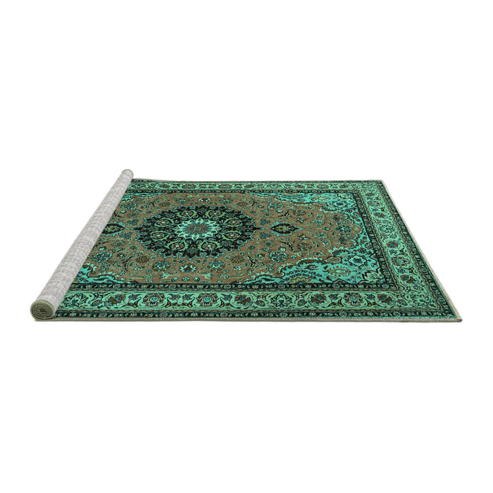 Sideview of Machine Washable Medallion Turquoise Traditional Area Rugs, wshtr1678turq