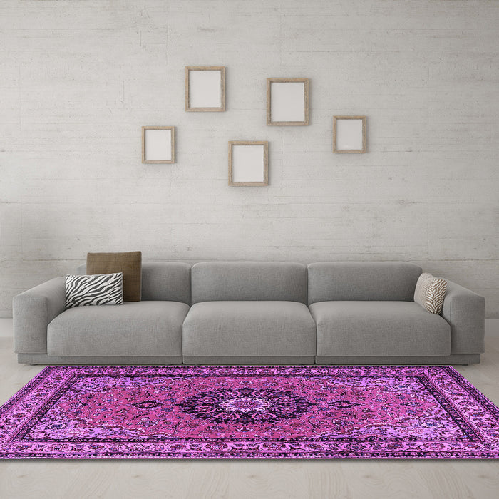 Machine Washable Medallion Purple Traditional Area Rugs in a Living Room, wshtr1678pur