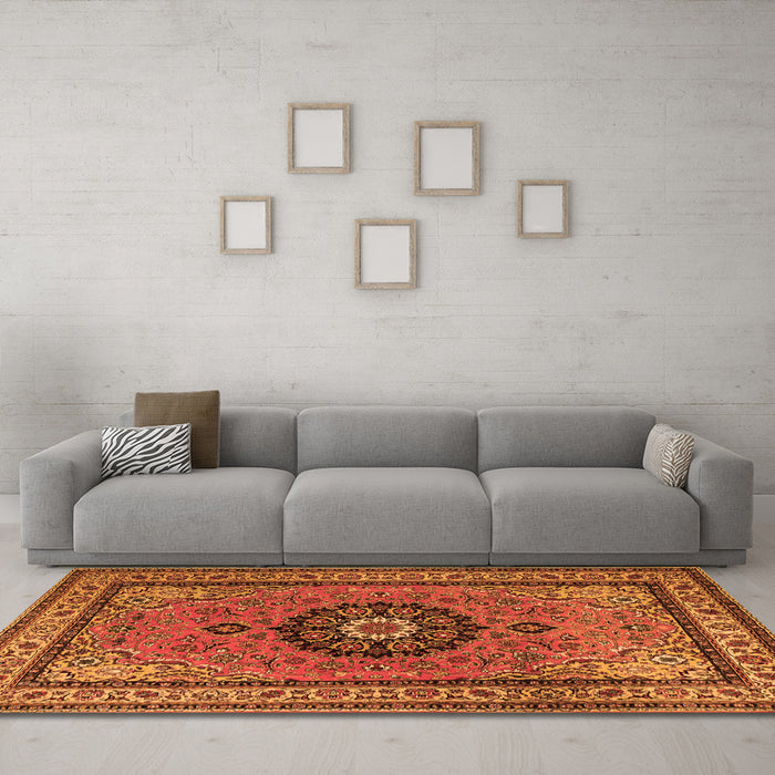 Machine Washable Medallion Orange Traditional Area Rugs in a Living Room, wshtr1678org