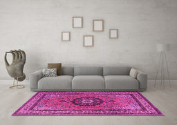 Machine Washable Medallion Pink Traditional Rug in a Living Room, wshtr1678pnk
