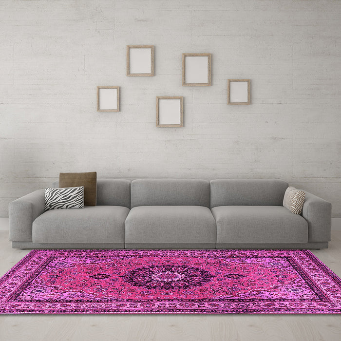Machine Washable Medallion Pink Traditional Rug in a Living Room, wshtr1678pnk