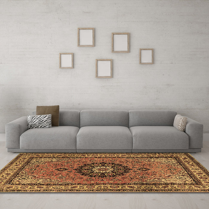 Machine Washable Medallion Brown Traditional Rug in a Living Room,, wshtr1678brn