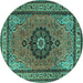 Round Machine Washable Medallion Turquoise Traditional Area Rugs, wshtr1678turq