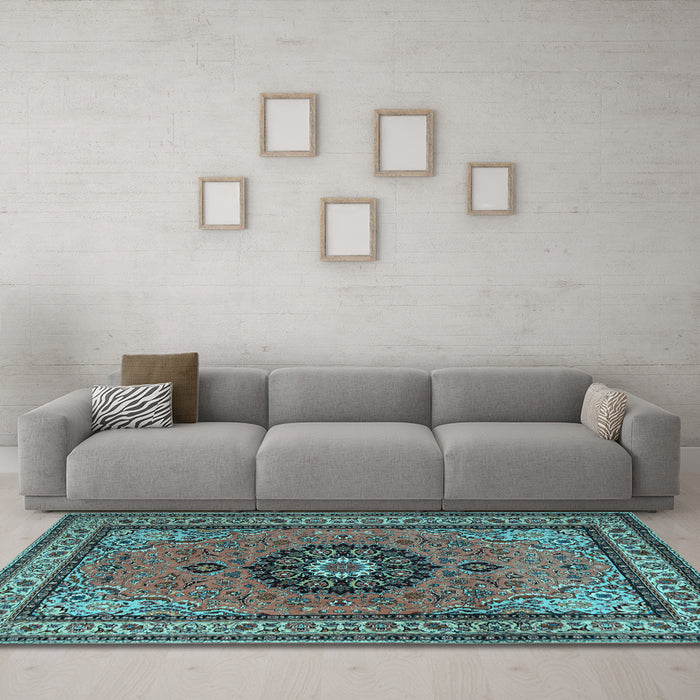 Machine Washable Medallion Light Blue Traditional Rug in a Living Room, wshtr1678lblu