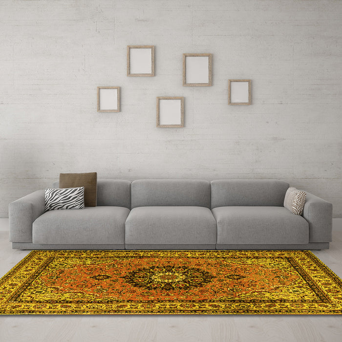 Machine Washable Medallion Yellow Traditional Rug in a Living Room, wshtr1678yw
