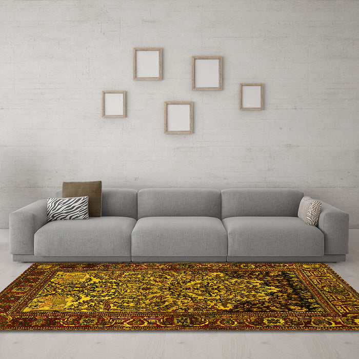 Machine Washable Persian Yellow Traditional Rug in a Living Room, wshtr1679yw