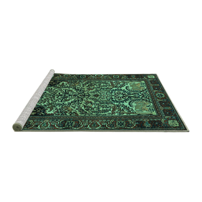 Sideview of Machine Washable Persian Turquoise Traditional Area Rugs, wshtr1679turq