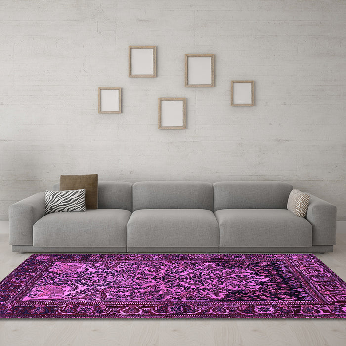Machine Washable Persian Purple Traditional Area Rugs in a Living Room, wshtr1679pur