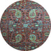 Round Machine Washable Persian Light Blue Traditional Rug, wshtr1681lblu