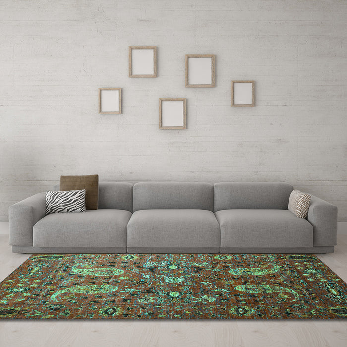 Machine Washable Persian Turquoise Traditional Area Rugs in a Living Room,, wshtr1681turq