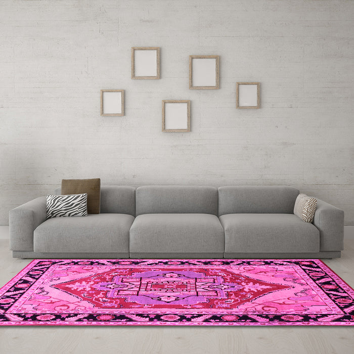 Machine Washable Persian Pink Traditional Rug in a Living Room, wshtr1682pnk