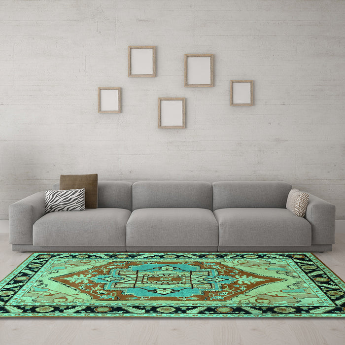 Machine Washable Persian Turquoise Traditional Area Rugs in a Living Room,, wshtr1682turq