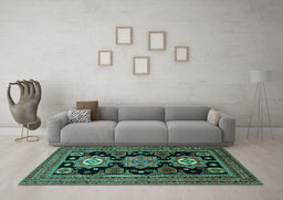 Machine Washable Persian Turquoise Traditional Area Rugs in a Living Room,, wshtr1683turq