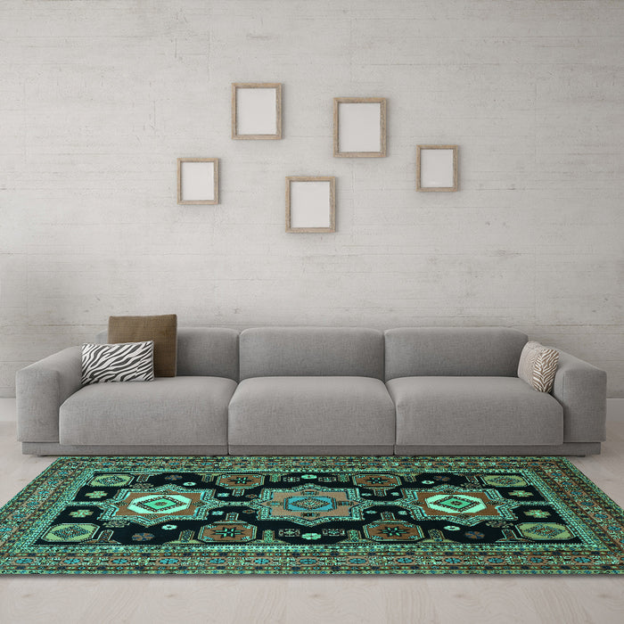 Machine Washable Persian Turquoise Traditional Area Rugs in a Living Room,, wshtr1683turq