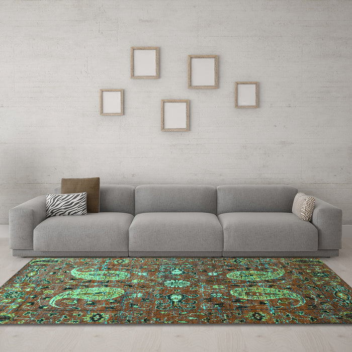 Machine Washable Persian Turquoise Traditional Area Rugs in a Living Room,, wshtr1684turq