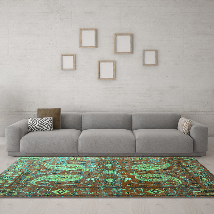 Machine Washable Persian Turquoise Traditional Area Rugs in a Living Room,, wshtr1685turq