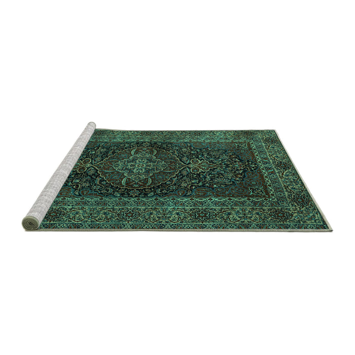 Sideview of Machine Washable Persian Turquoise Traditional Area Rugs, wshtr1686turq