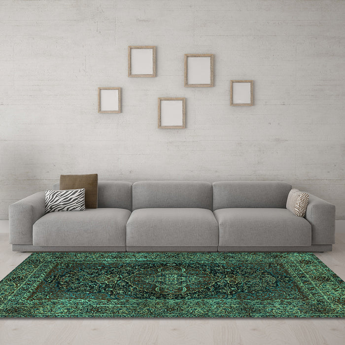 Machine Washable Persian Turquoise Traditional Area Rugs in a Living Room,, wshtr1686turq