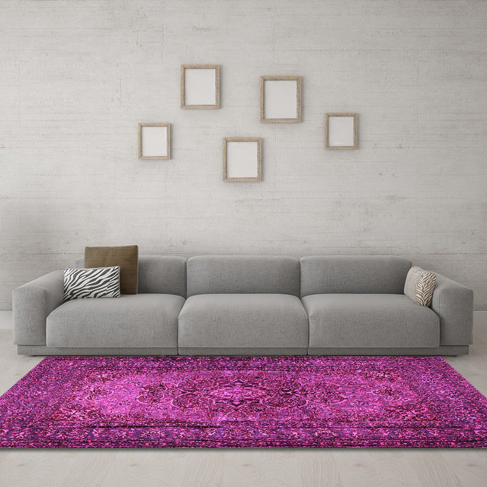 Machine Washable Medallion Pink Traditional Rug in a Living Room, wshtr1687pnk