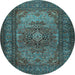 Round Machine Washable Medallion Light Blue Traditional Rug, wshtr1687lblu