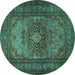 Round Machine Washable Medallion Turquoise Traditional Area Rugs, wshtr1687turq