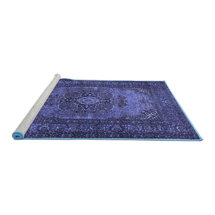 Sideview of Machine Washable Medallion Blue Traditional Rug, wshtr1687blu