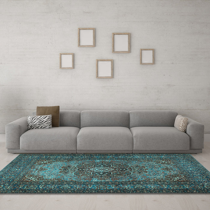Machine Washable Medallion Light Blue Traditional Rug in a Living Room, wshtr1687lblu