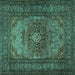 Square Machine Washable Medallion Turquoise Traditional Area Rugs, wshtr1687turq