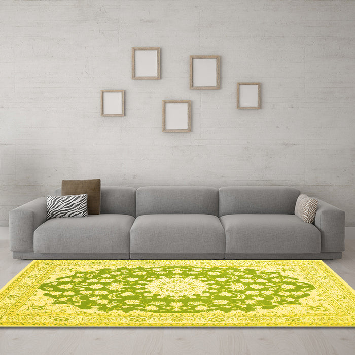 Machine Washable Medallion Yellow Traditional Rug in a Living Room, wshtr168yw