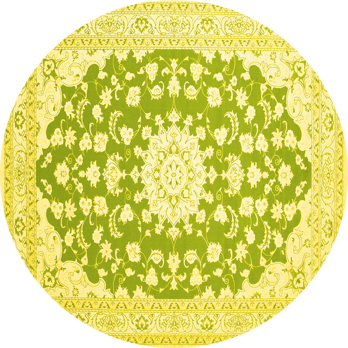 Round Machine Washable Medallion Yellow Traditional Rug, wshtr168yw