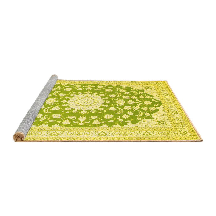 Sideview of Machine Washable Medallion Yellow Traditional Rug, wshtr168yw