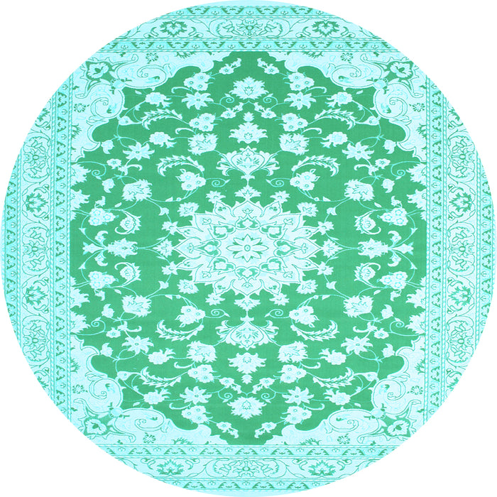 Round Machine Washable Medallion Light Blue Traditional Rug, wshtr168lblu