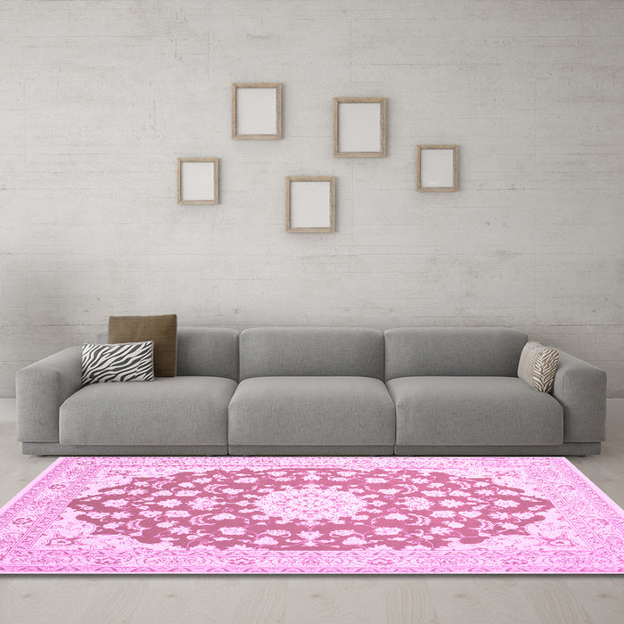 Machine Washable Medallion Pink Traditional Rug in a Living Room, wshtr168pnk