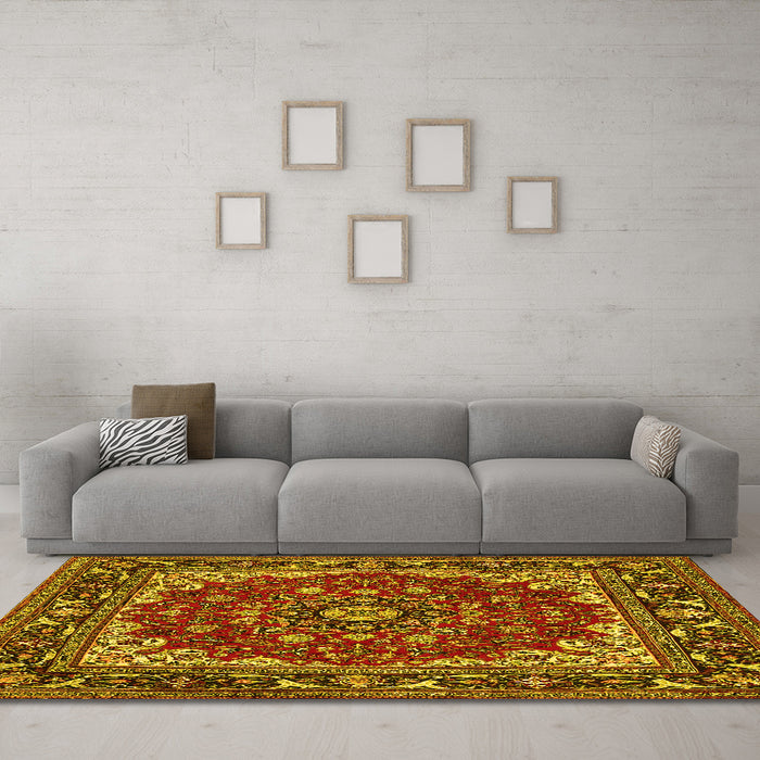 Machine Washable Medallion Yellow Traditional Rug in a Living Room, wshtr1693yw